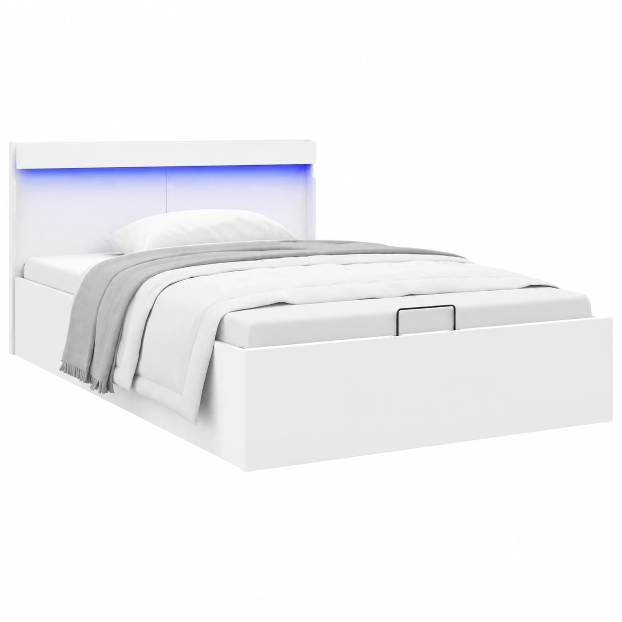 Hydraulisches Kunstleder Bett 140x200cm mit LED-Kopfteil, Weiß, Doppelbett mit Bettkasten
