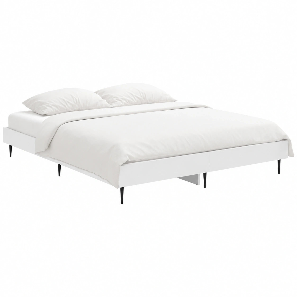 Holzbettgestell 135x190 cm Weiß mit Metallbeinen und Lattenrost, modernes Design