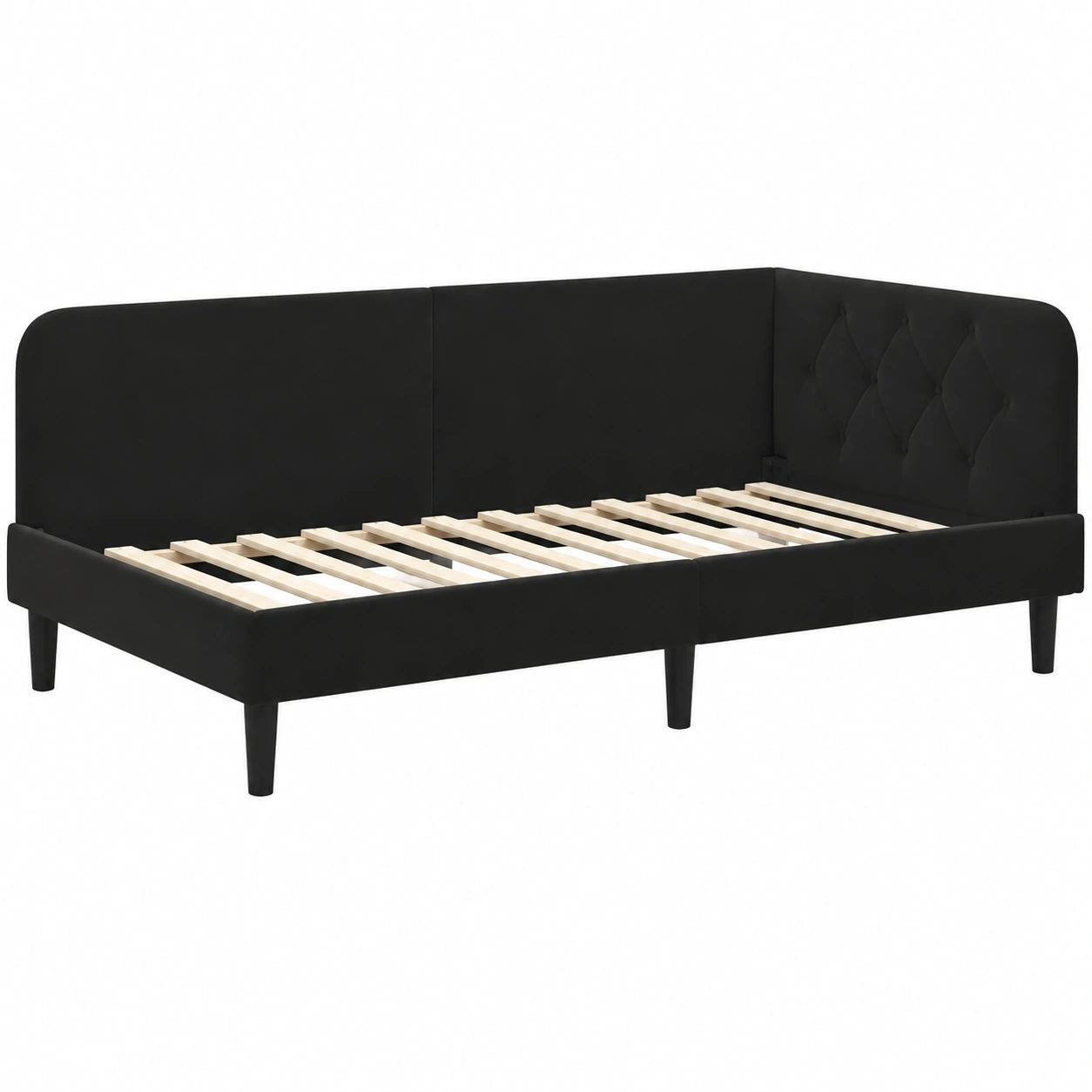 L-förmiges Samt-Tagesbett 90x200 cm in Schwarz, platzsparendes Gästebett mit verstellbarer Armlehne