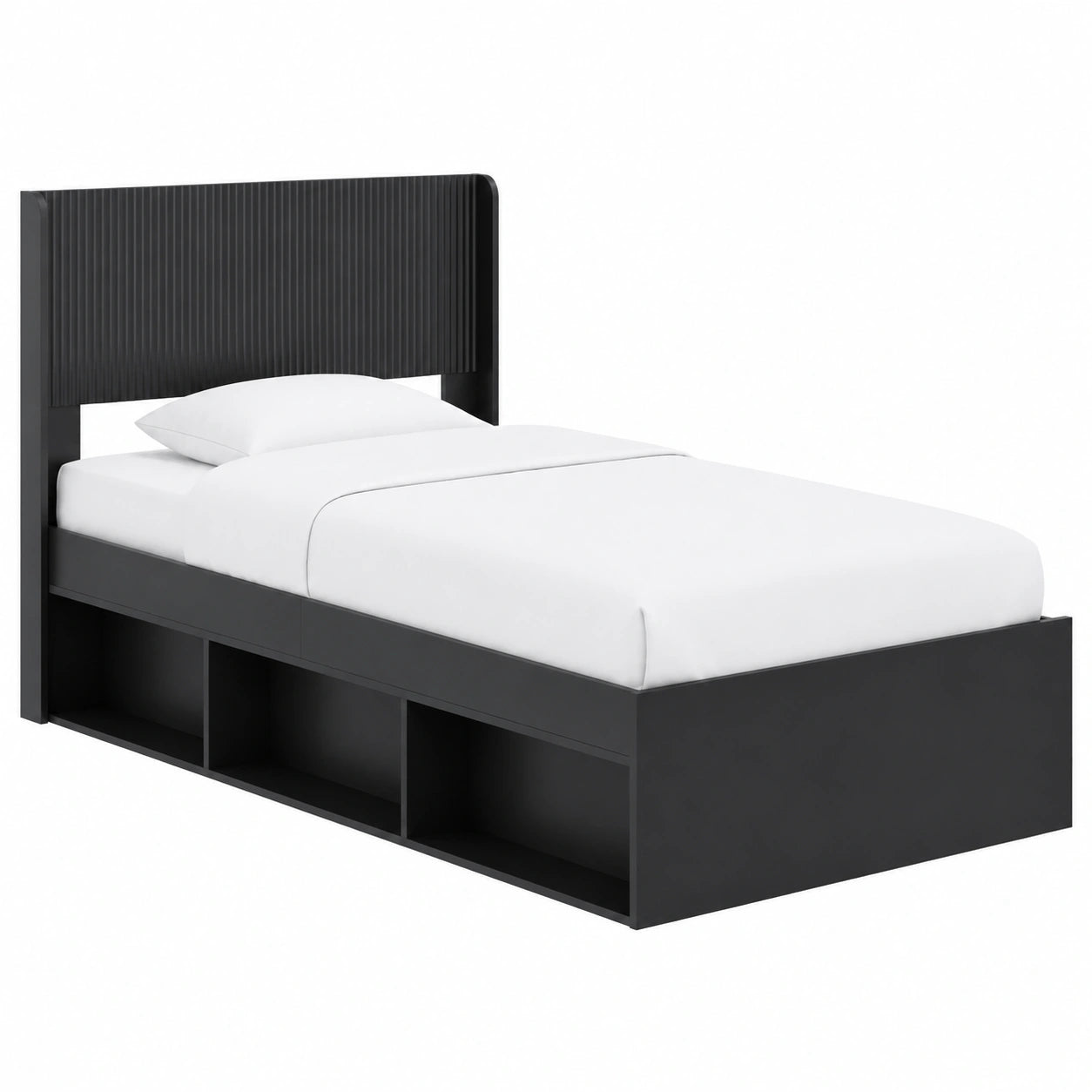 Einzelbett aus Holzwerkstoff 90x200 cm, Schwarz mit Stauraum und Kopfteil für Jugend- und Gästezimmer
