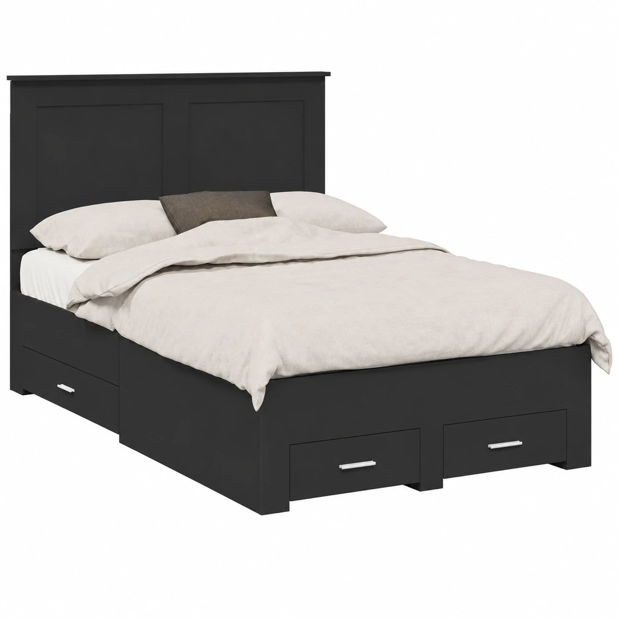 Modernes Doppelbett mit Stauraum und Kopfteil, 135x190 cm, Schwarzer Holzwerkstoff, Stabiler Bettrahmen mit Schubladen