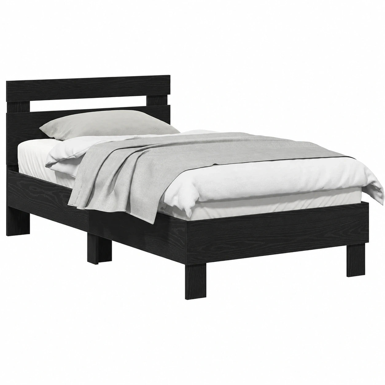 Einzelbettgestell in schwarz Eichenoptik mit Lattenrost und Kopfteil, 193 x 95 x 88 cm, robustes Holzdesign für Schlaf- oder Gästezimmer