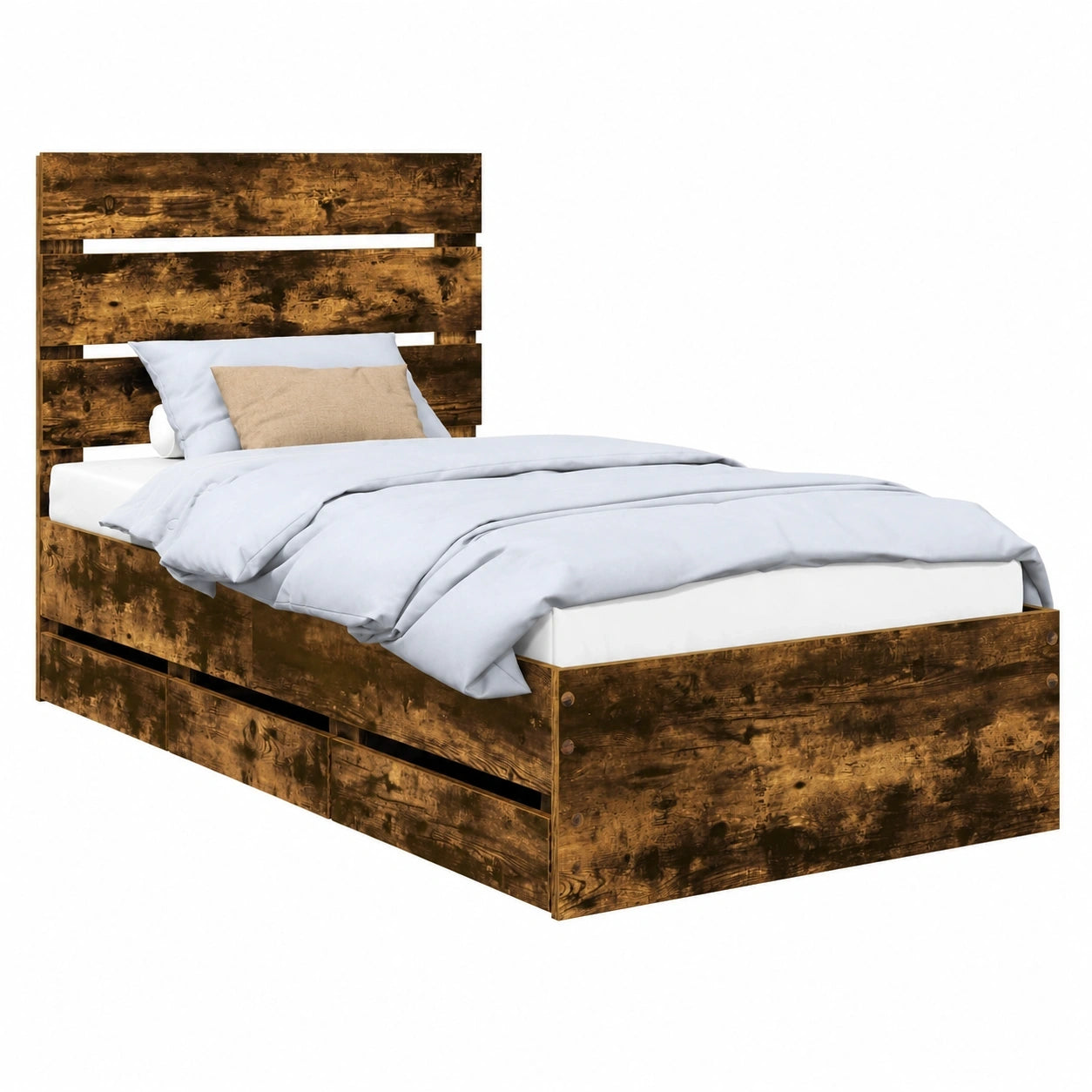 Einzelbett 90x200 cm mit Stauraum, modernes Holzdesign in geräucherter Eiche, inklusive Lattenrost und Kopfteil