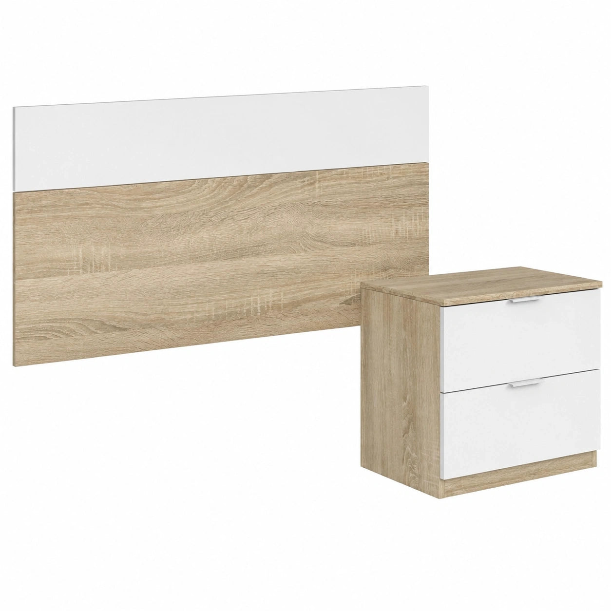 Bedkopfteil Set Luca aus Kanadischer Eiche und Weiß mit Nachttisch, 100 x 50 x 38 cm, viel Stauraum