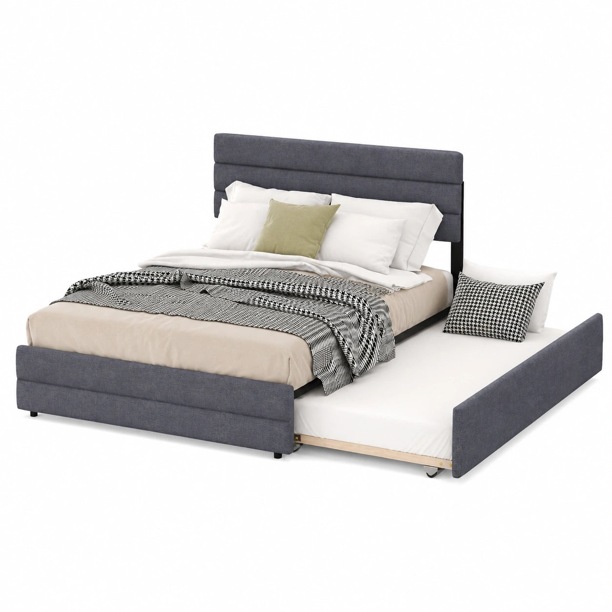 Modernes Polster-Doppelbett 140 x 200 cm mit Schubladen, ausziehbar, inkl. Lattenrost, grau