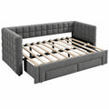 Tagesbett aus Samt mit Ausziehfunktion und Schubladen, modernes Gästebett 90x200cm, gepolsterte Rückenlehne, stabiler MDF-Rahmen in Grau