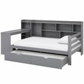 Multifunktionales Massivholzsofa 90x200 mit Schreibtisch, Regalen und USB-Anschluss, Gästebett ohne Matratze, Grau