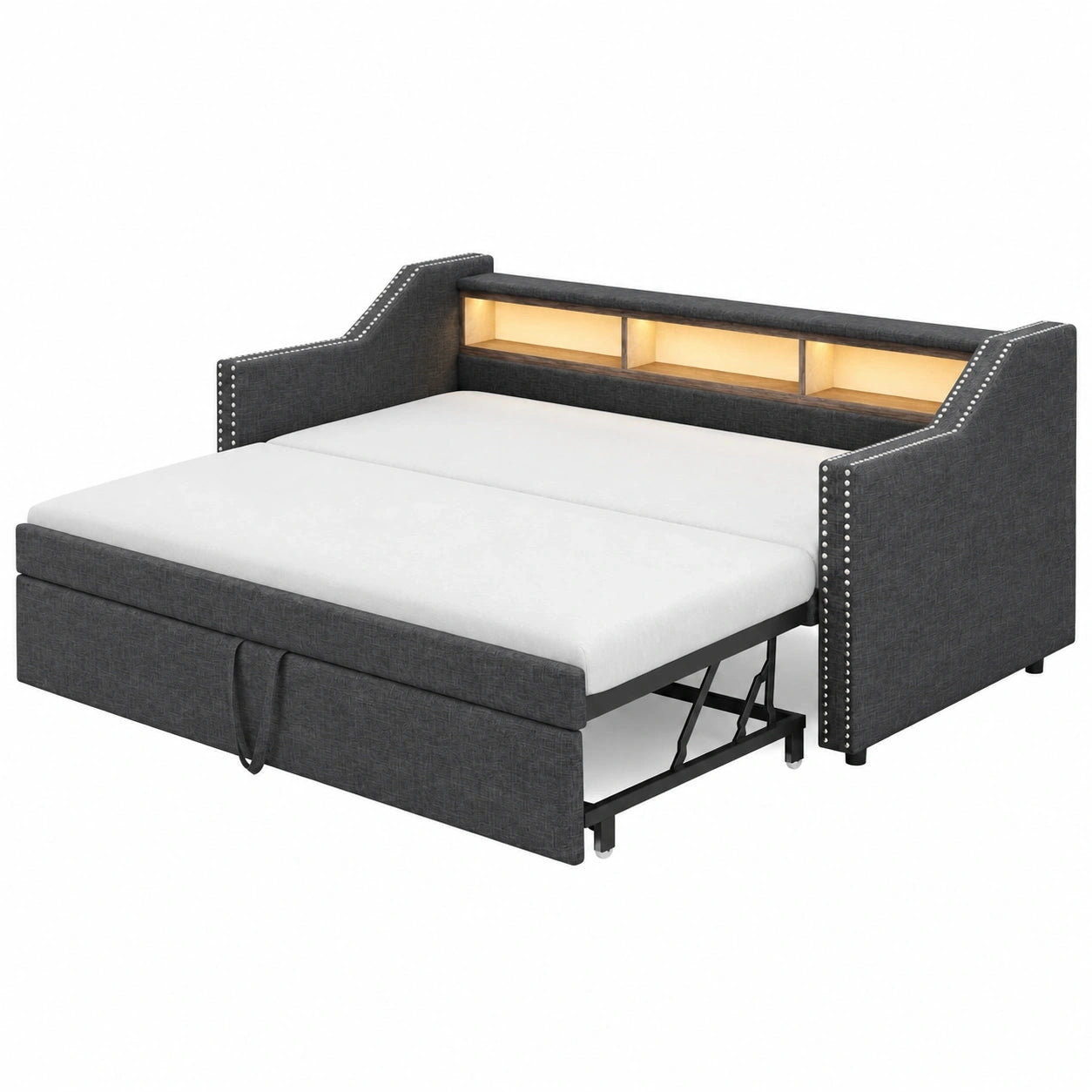 Ausziehbares Polsterbett mit Stauraum, LED-Beleuchtung und USB, 90/180 x 190 cm, inkl. Lattenrost, Grau