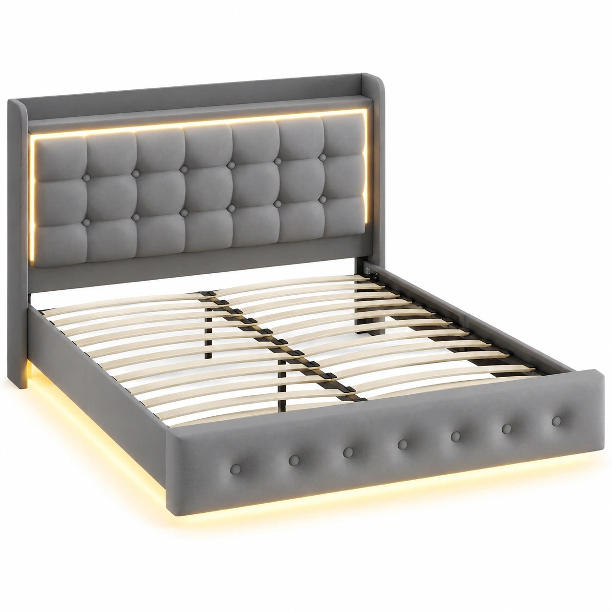 Schwebendes Polsterbett 140x200 mit LED und Ladestation, Inklusive Lattenrost und Kopfteil
