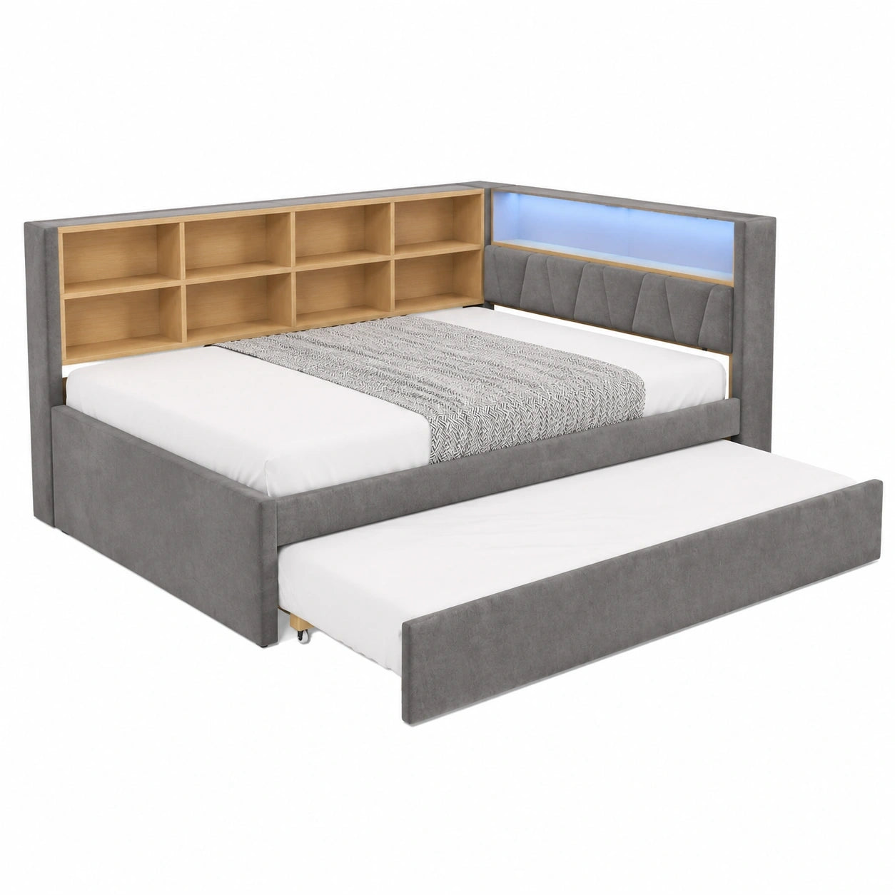 Multifunktionales Polsterbett 140x200cm mit Ausziehbett und LED, Jugendbett mit Stauraum in Dunkelgrau
