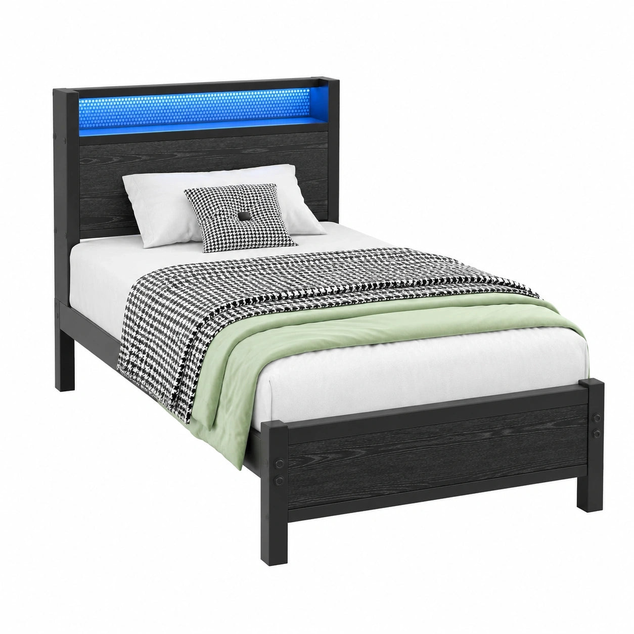 Einzelbett 91 cm mit LED-Beleuchtung, Stauraum und USB-Ladestation, stabiles Metallgestell, einfache Montage, geräuschlos, schwarz