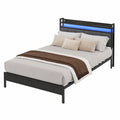 Moderner Doppelbett Metallrahmen 140x215 cm mit LED und Stauraum, Holzlatten-Kopfteil, schwarz