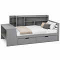 Multifunktionales Schlafsofa 140x200 cm mit integriertem Schreibtisch und Bücherregal, Tagesbett mit Steckdose und Ablagefächern, ideal für Gäste- und Schlafzimmer, in Grau (ohne Matratze)