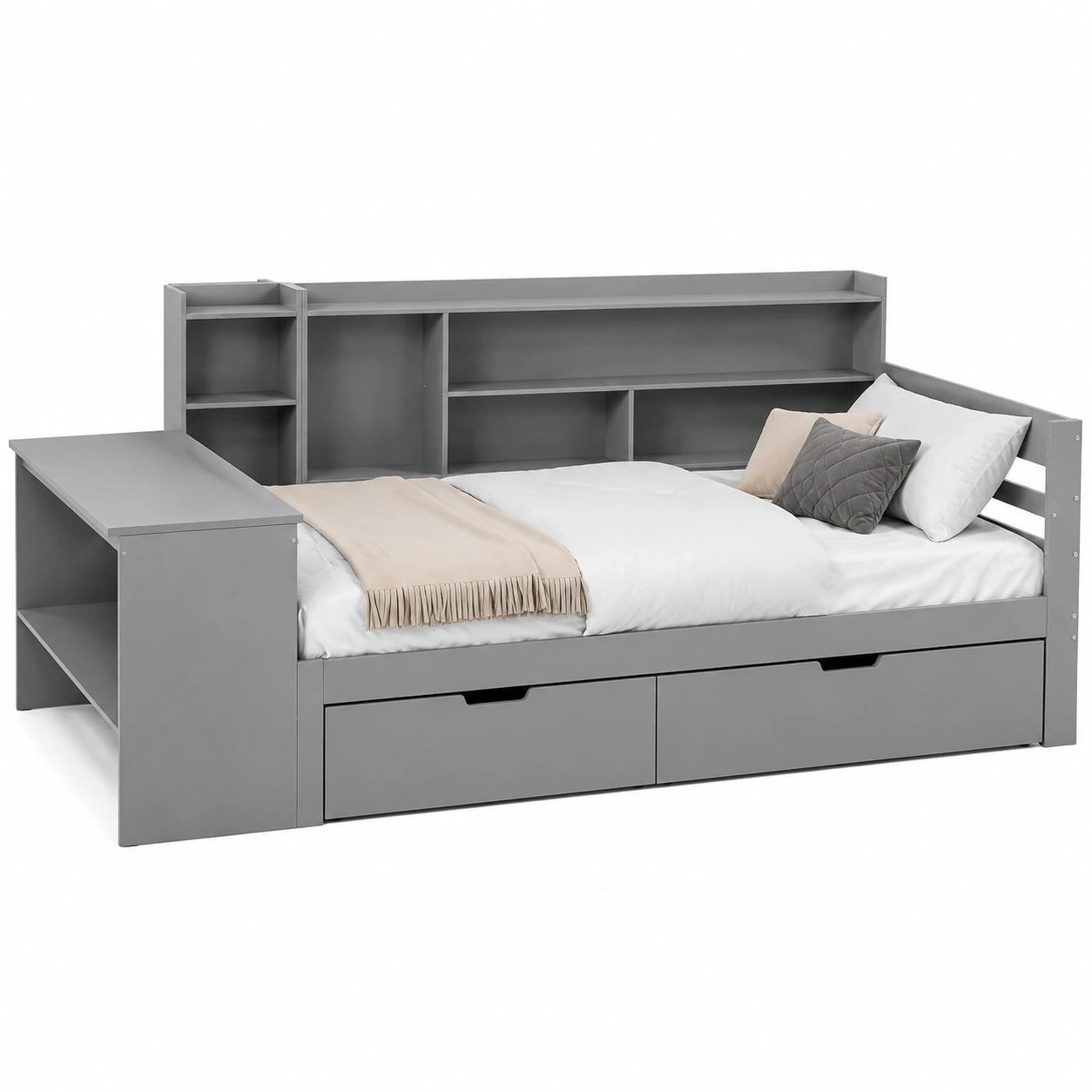 Multifunktionales Schlafsofa 140x200 cm mit integriertem Schreibtisch und Bücherregal, Tagesbett mit Steckdose und Ablagefächern, ideal für Gäste- und Schlafzimmer, in Grau (ohne Matratze)