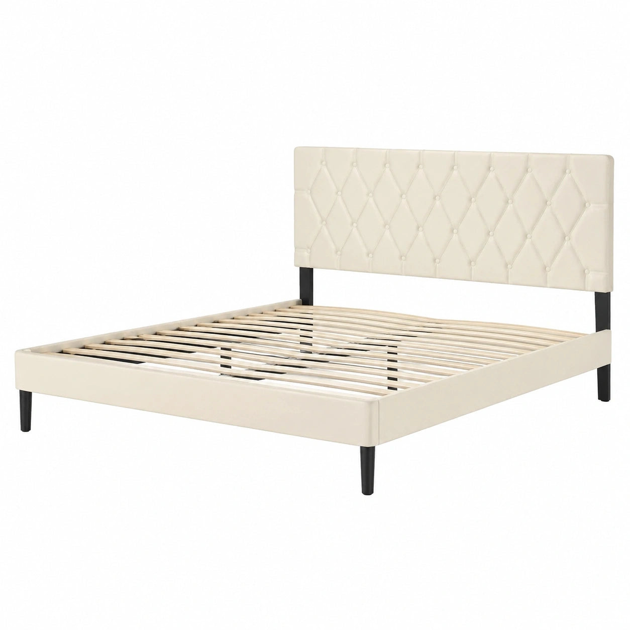 Elegantes Plattformbett 140x200 cm mit Lederkopfteil, Stabiler Bettrahmen mit Lattenrost, Doppelbett für Schlafzimmer und Gästezimmer, Tragfähigkeit bis 300 kg, Beige