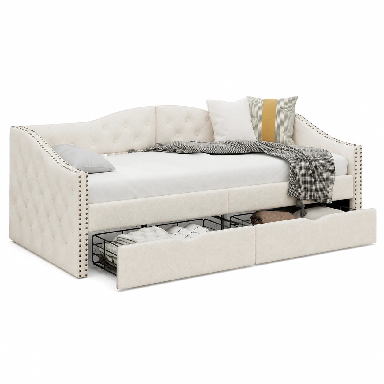Sofabett aus Holz 90x200cm mit Schubladen, Gästebett für Schlafzimmer und Wohnzimmer, Leinen Beige