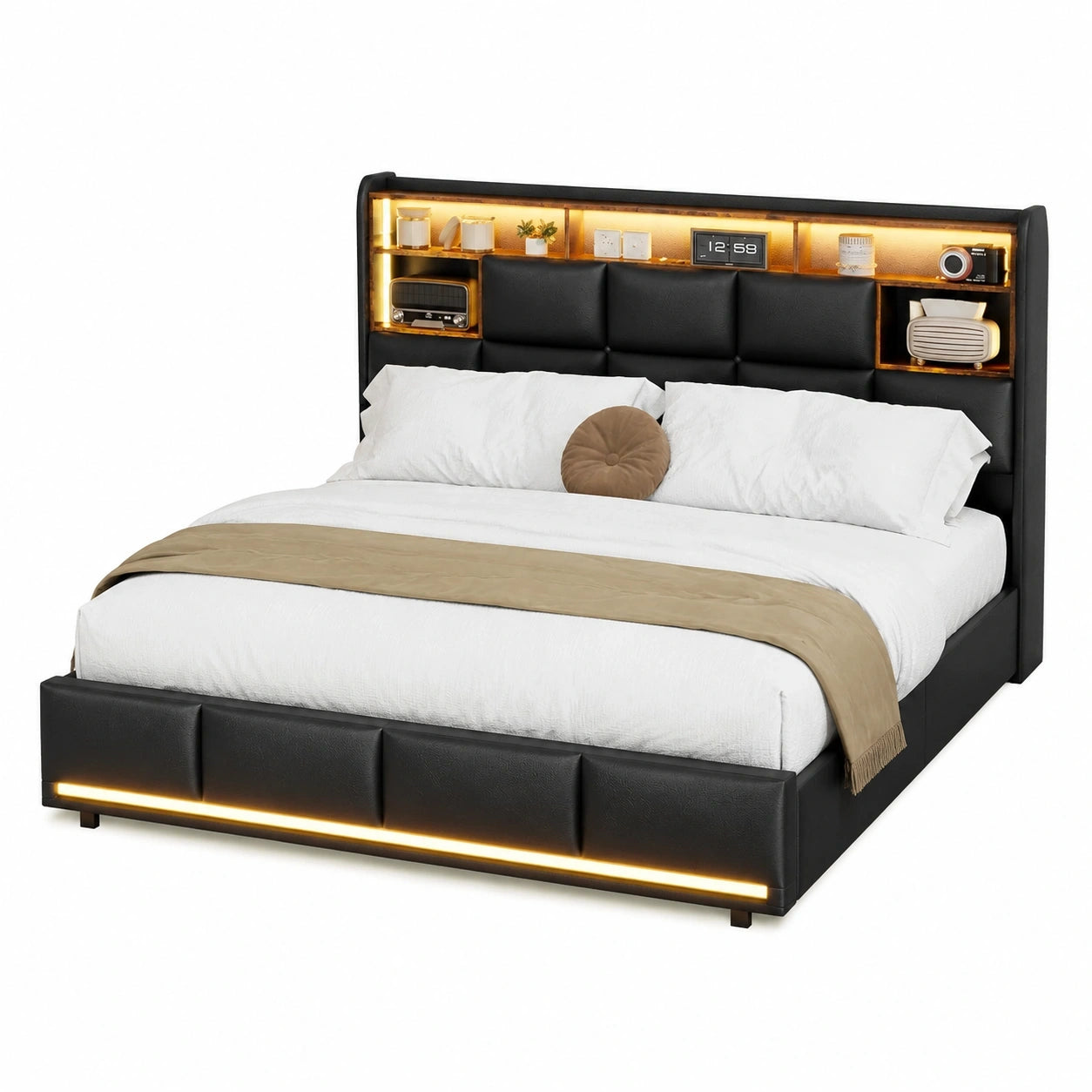 MOTUZP Modernes Polsterbett 140x200cm, Stauraum mit LED und USB, Komfort-Kopfteil, Robustem Lattenrost, Schwarz PU