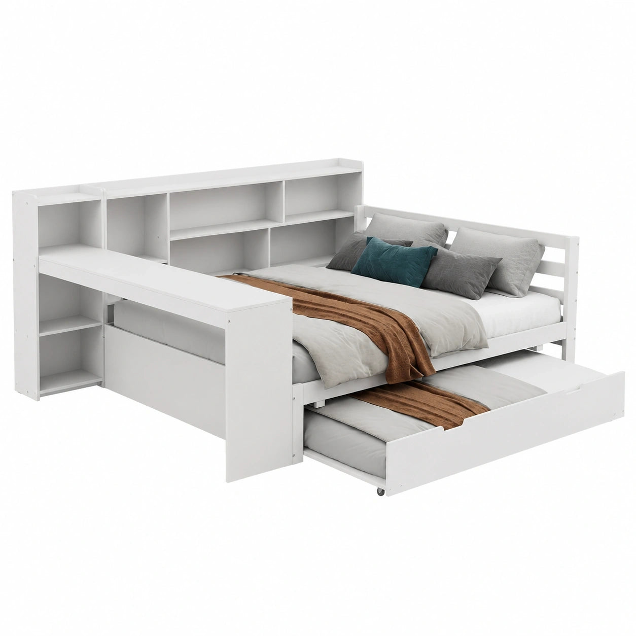 Multifunktionales Holzschlafsofa 140x200 cm mit Schreibtisch und Regalen, ausziehbares Doppelbett ohne Matratze, weiß