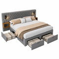 Komplettes Schlafzimmer-Set: Polsterbett 180x200 cm mit Nachttischen und Stauraum, Kopfteil mit Leselicht und USB, Samt, Grau
