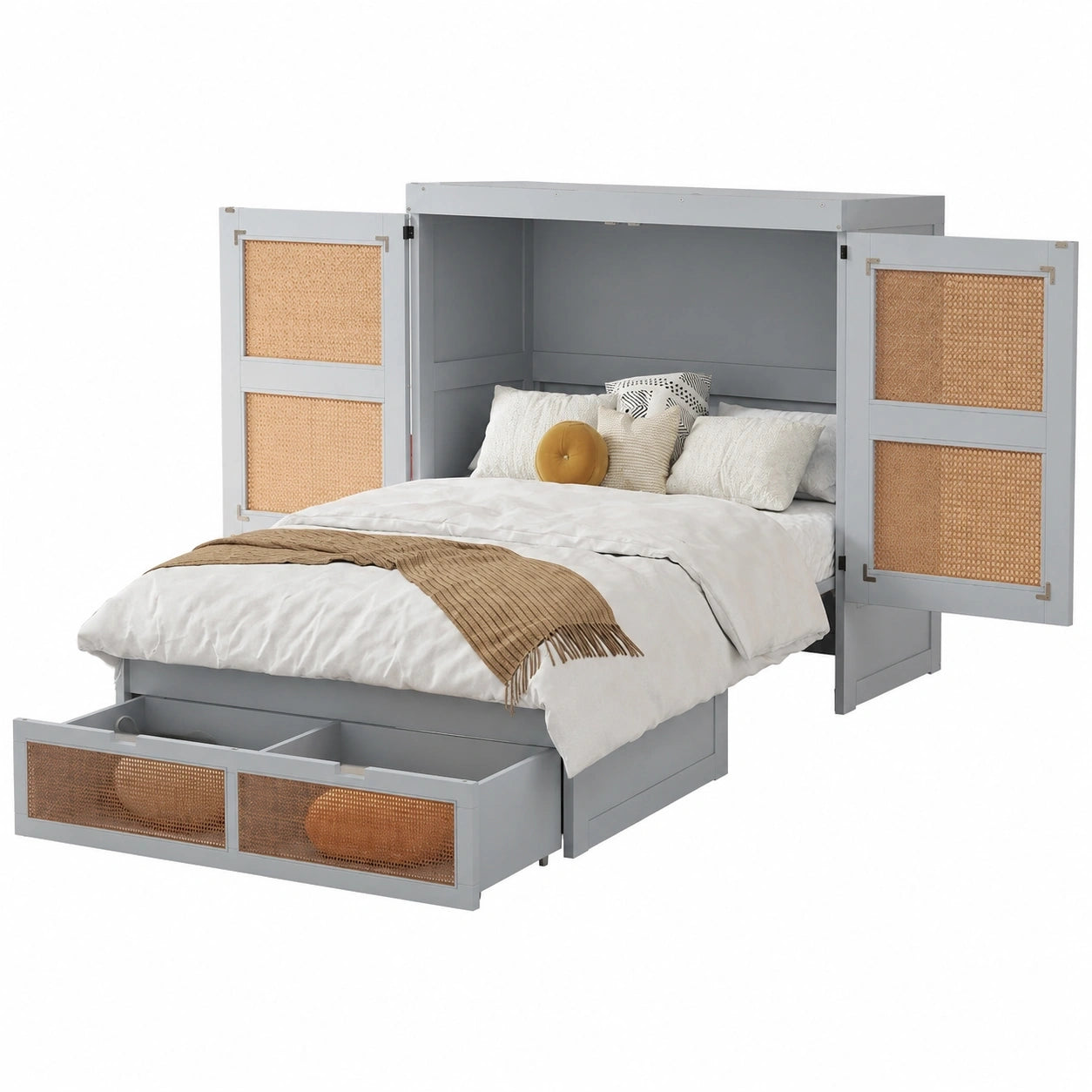 Vertikales Schrankbett 140x200 cm mit Rattantür und Schubladen, Massivholz-Funktionsbett in Grau